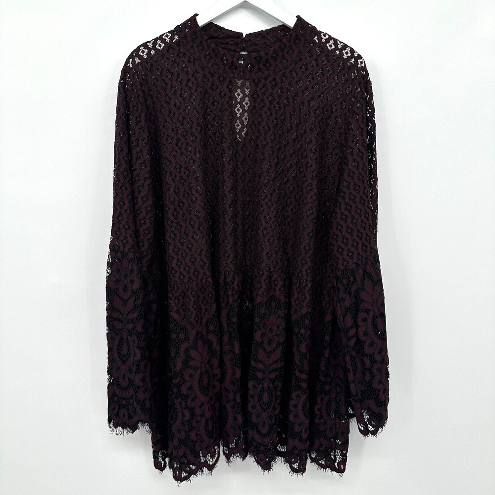 Lane Bryant Tunic Top Shirt Size 26 Sheer Long Bell Sleeves Floral Lace Blouse - Picture 1 of 15